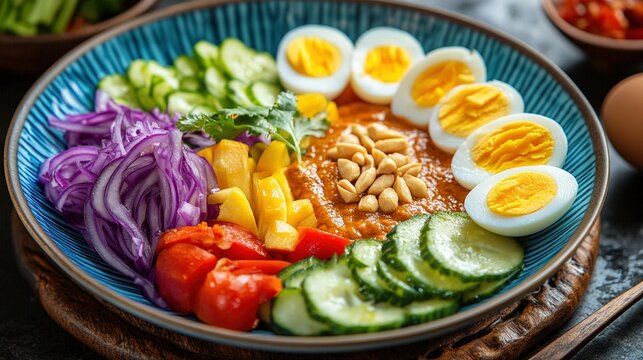 A colorful array of blanched vegetables topped with a generous drizzle of rich peanut sauce, accompanied by sliced hard-boiled eggs and lontong. 
