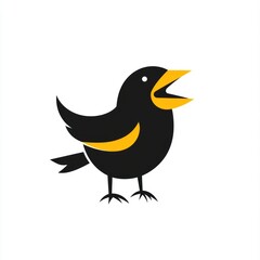 Cartoon black bird singing with yellow beak.