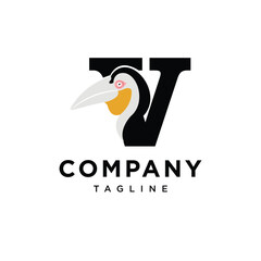 Letter V Pouched Hornbill Logo Icon Vector