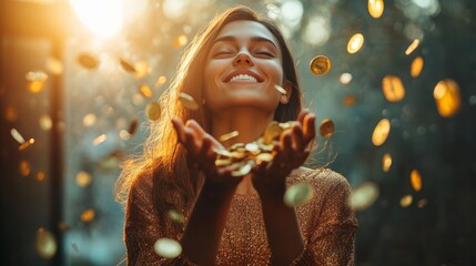Smiling woman throwing golden coins. Financial freedom, wealth, and prosperity concept.