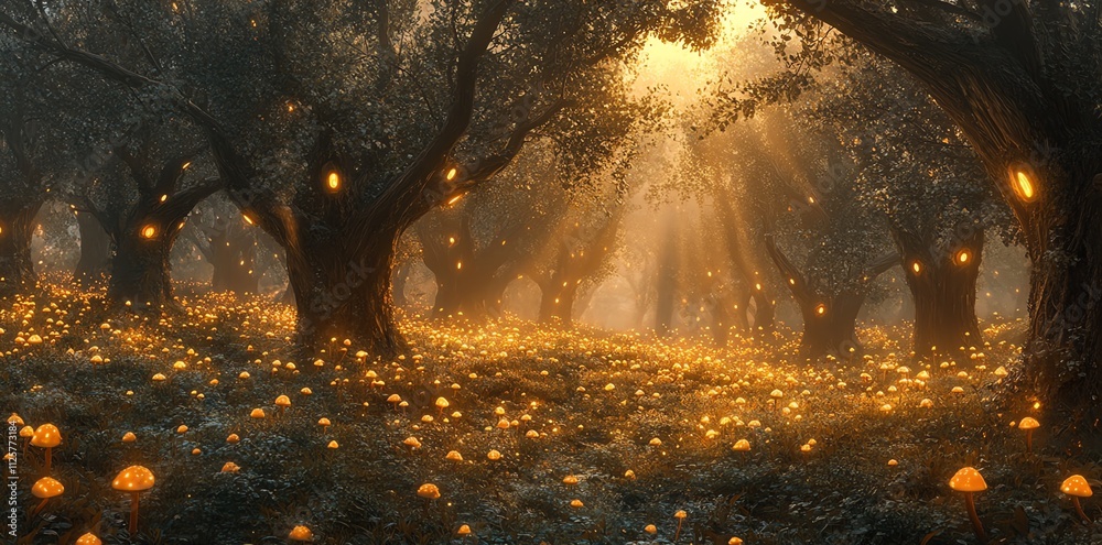 Poster enchanted forest with glowing mushrooms and ethereal light beams.