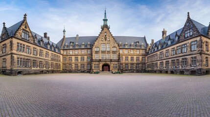 Fototapeta premium Courthouse building exterior with classical architecture, symbolizing justice and order in society. Timeless design reflecting the importance of legal systems and civic responsibility.