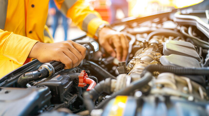 Mechanic in workshop inspecting car engine with flashlight, focusing on engine details, well-lit garage with tools and parts scattered around.