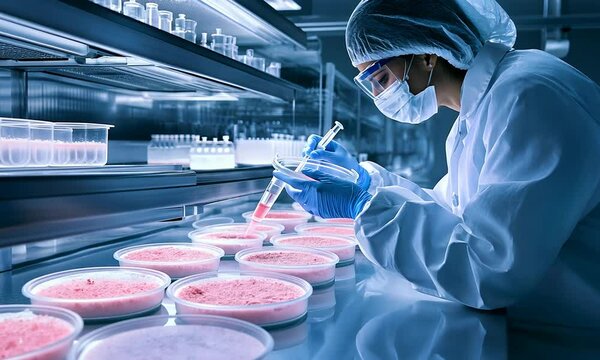 A scientist in a lab coat and protective gear conducts experiments with petri dishes and pipettes in a sterile laboratory environment.