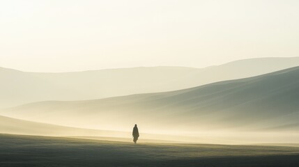 A lone figure walking in a boundless desert, shrouded in a hazy and surreal atmosphere, the figure wearing traditional flowing garments that flutter softly in the wind
