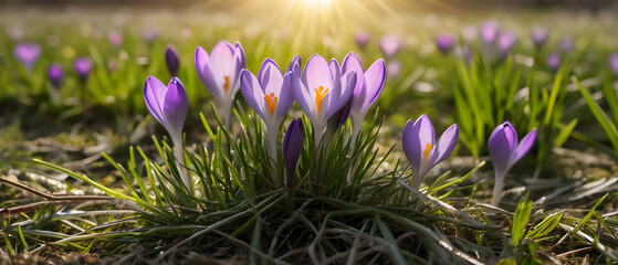 Beautiful crocus blossoms blooming on a grassy field under warm sunlight, signaling spring.