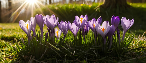 Bright crocus blossoms glowing in the soft sunlight, surrounded by lush green grass.