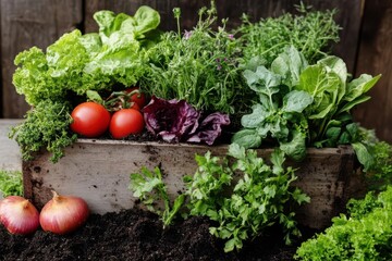 A vibrant display of fresh vegetables and herbs in a rustic wooden box.