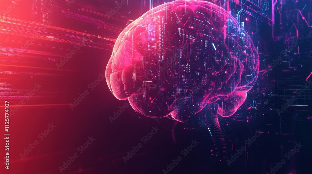 Poster a brain composed of digital elements combines with artificial intelligence features like circuits an