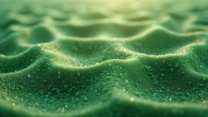 Fototapete Rund Close-up Dew Drops on Green Textured Surface, Abstract Nature Macro © Mr