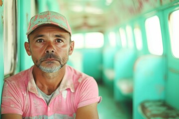 Somber Man in Ragged Clothes and a Vintage Interior with Soft Pastel Colors