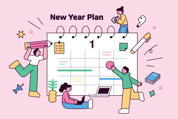 People are making New Year's resolutions on a large calendar. Banner concept composition.