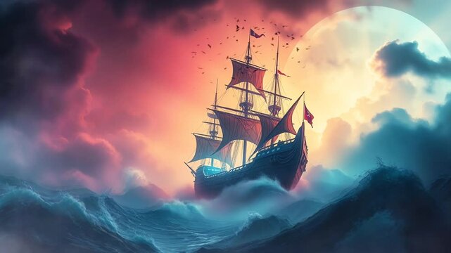 background animation, An old sailing ship with high masts that uses a sail and the power of the wind for movement floats on the sea with waves
