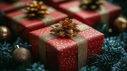 Festive Pile of Christmas Gifts: Stacked Red and Golden Presents Ready for Celebration