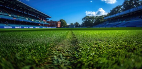 A field of green grass with a sun shining on it