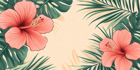A vibrant floral design featuring hibiscus flowers and tropical leaves on a light background.