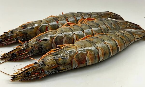Three fresh, raw black tiger prawns displayed on a white background.