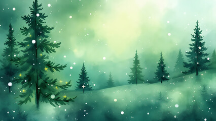Green watercolor Christmas background with copyspace and decorated borders.