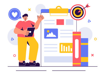 Digital Publishing Vector Illustration featuring Blog Content Marketing, Writing for Social Media, and Webpage Organization in a Flat Style Background