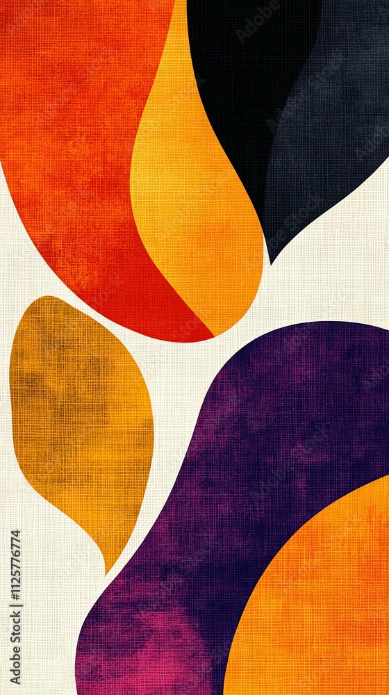 Poster abstract design featuring colorful organic shapes in warm tones on a textured background.