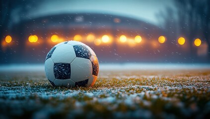 Fototapeta premium A soccer ball is sitting on the grass in a stadium