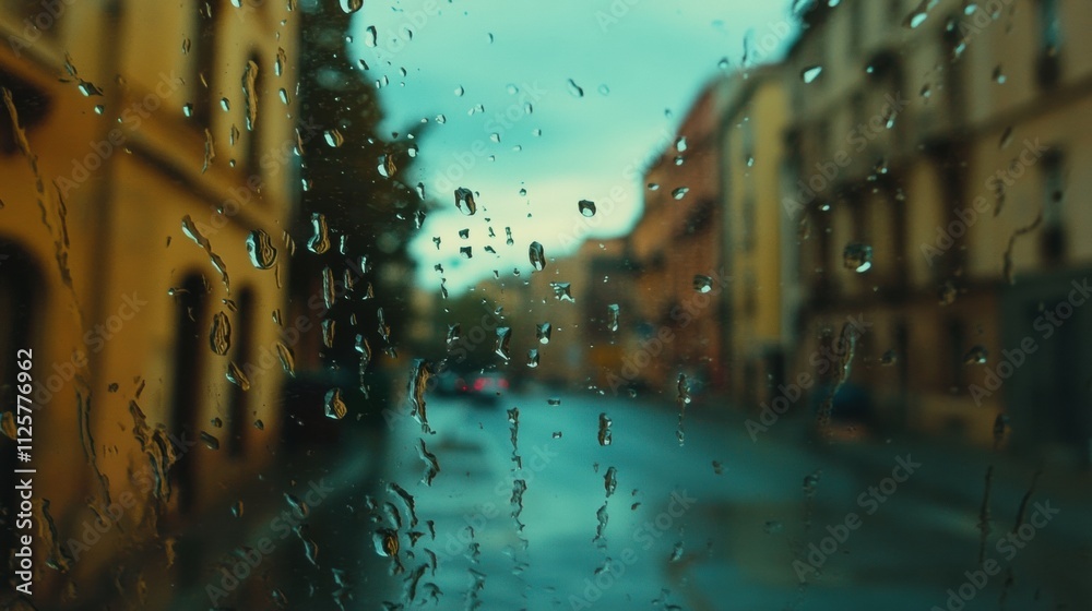 Fototapete raindrops cling to a window, offering a view of an empty street lined with muted colors, reflecting 