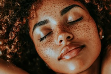 Close-Up Portrait of a Beautiful Woman with Freckles and Curly Hair Relaxing Peacefully with Eyes Closed Radiating Serenity and Natural Beauty