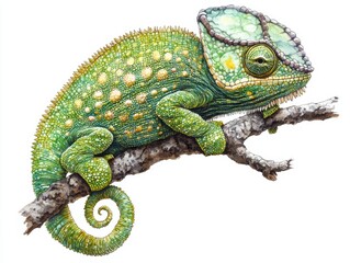 Obraz premium A detailed illustration of a vibrant green chameleon on a branch.