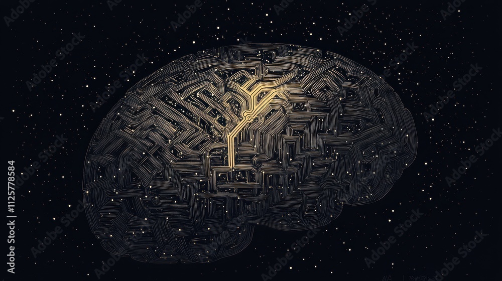 Leinwandbilder a complex labyrinth creatively shaped like a human brain glows against a dark background, inviting r