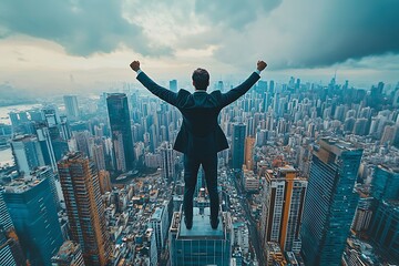 Plakat image of a man in a business suit standing on top of a tall building, overlooking a large cityscape that is this man's kingdom.
