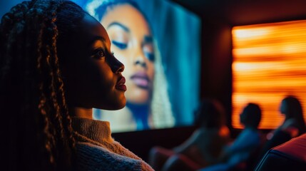 Fototapeta premium Film on a theater screen with audiences watching. Engaging and immersive cinematic experience shared by diverse group of viewers.