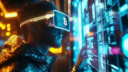 A man wearing a virtual reality headset is looking at a computer screen with a B