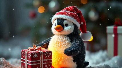 Festive penguin with gift box amidst falling snowflakes and twinkling lights - Powered by Adobe