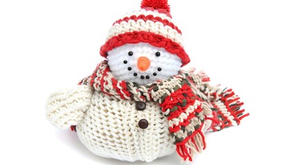 Fototapeta premium Snowman Isolated on White Background, A Charming Winter Figure Standing Alone in a Blank Canvas of Snow.