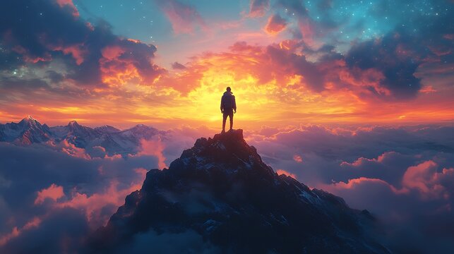 Man stands on top of the mountain with a victorious shout. Very colorful, out of space wide angle, bright sunrise, cinematic epic shot Best camera lenses you can get.