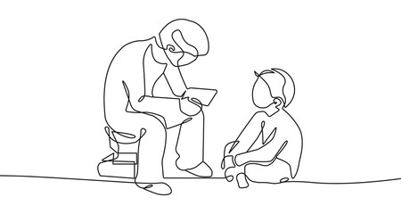Happy Family Continuous One Line Drawing. Father and Son Reading of Book Together Single Line Drawing Minimalist Illustration. Happy Father`s Day Vector Illustration