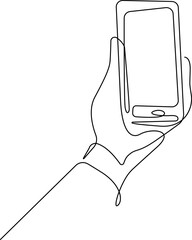 Hand Holds Smartphone Modern Continuous One Line Vector Drawing. Mobile Phone Line Art Simple Illustration. Technology Concept Hand Drawn Outline Silhouette Isolated Minimalistic Illustration.