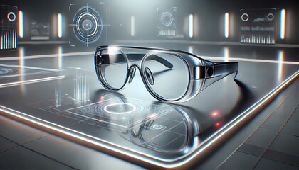 A pair of sleek, transparent smart glasses featuring a floating digital display, placed on a high-tech futuristic workspace with minimalist design elements