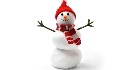 Snowman Isolated on White Background, A Charming Winter Figure Standing Alone in a Blank Canvas of Snow.