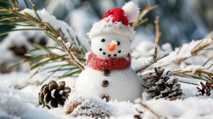 Fototapeta premium Snowman Isolated on White Background, A Charming Winter Figure Standing Alone in a Blank Canvas of Snow.