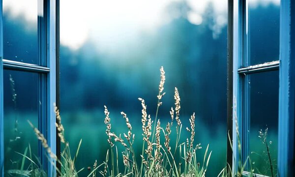 A serene view through open blue windows reveals lush green grass and soft light, inviting a sense of tranquility and connection to nature.