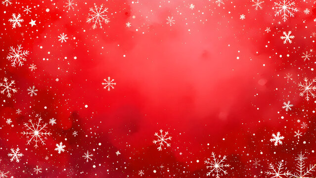 Christmas red watercolor background decorated with snowflakes and Xmas trees illustration with copy space.