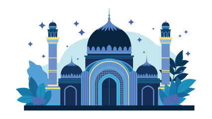 Flat Design Illustration of Blue  Luxury Islamic Mosque Heritage Building with Floral Plant