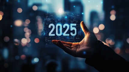 The 2025 New Year business goals concept. Businessman analyzes graph of trend market growth in 2025 and plans business growth and profit increases. calculates financial data for long-term investments.