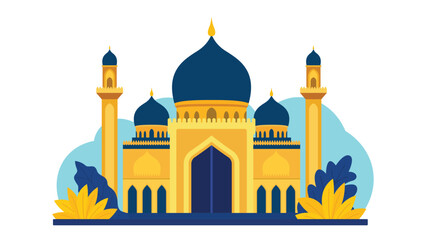 Flat Design Illustration of Golden Luxury Islamic Mosque Heritage Building with Floral Plant