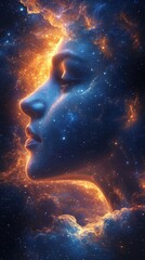 A cosmic portrait of a woman's profile, blending human features with celestial elements.