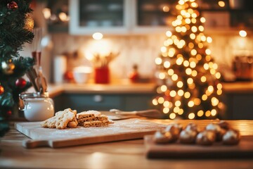 Naklejka premium Cozy Christmas Kitchen with Festive Decor, Delicious Cookies on Wooden Table Surrounded by Warm Holiday Atmosphere and Bright Tree Lights