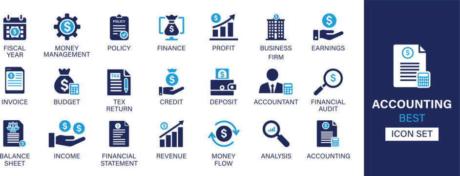 Accounting best solid icon set collection. Fiscal year, money management, policy, profit, business firm, earnings, invoice, budget, tex return, credit and vector illustration.