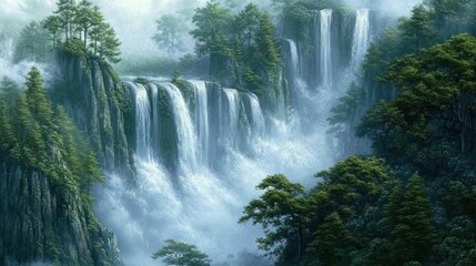 Obraz premium Majestic Waterfall Cascading Through Lush Greenery