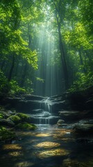 A serene forest scene with sunlight filtering through trees, illuminating a gentle waterfall.
